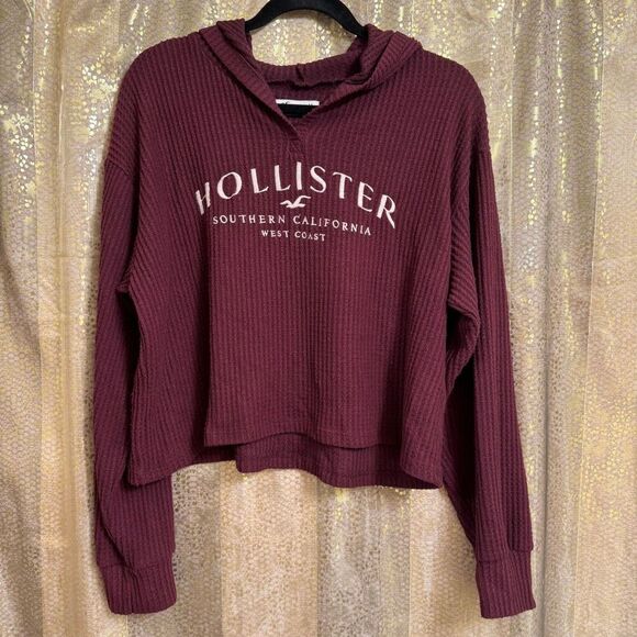 Hollister Burgundy Waffle Oversized Cropped Hoodie Sweater Medium - Picture 1 of 8